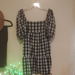 Divided Black and White Plaid Puff Sleeve Mini Dress